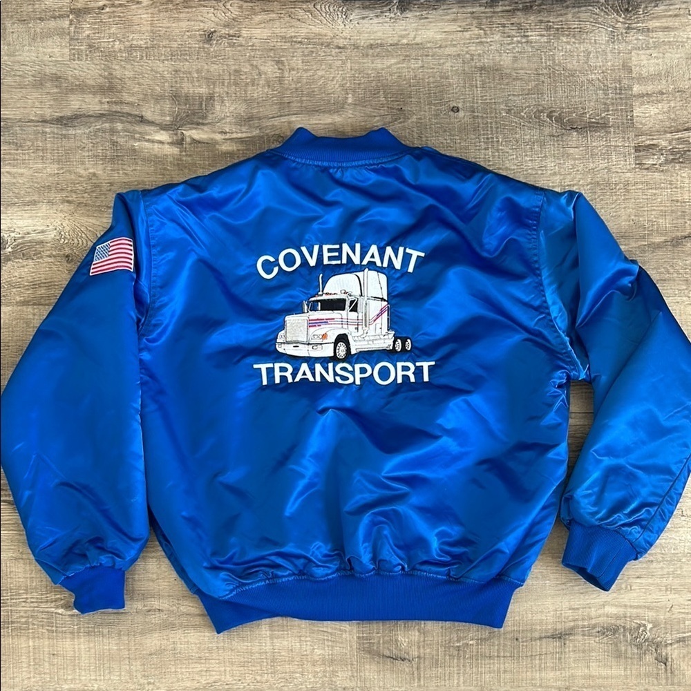 Vintage Covenant Transport embroidered Nylon trucker bomber jacket XL
